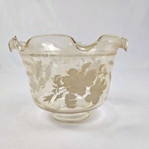 GWTW Hurricane Lamp Shade Honey Glass Etched Flowers Granny Ruffled Top Vintage